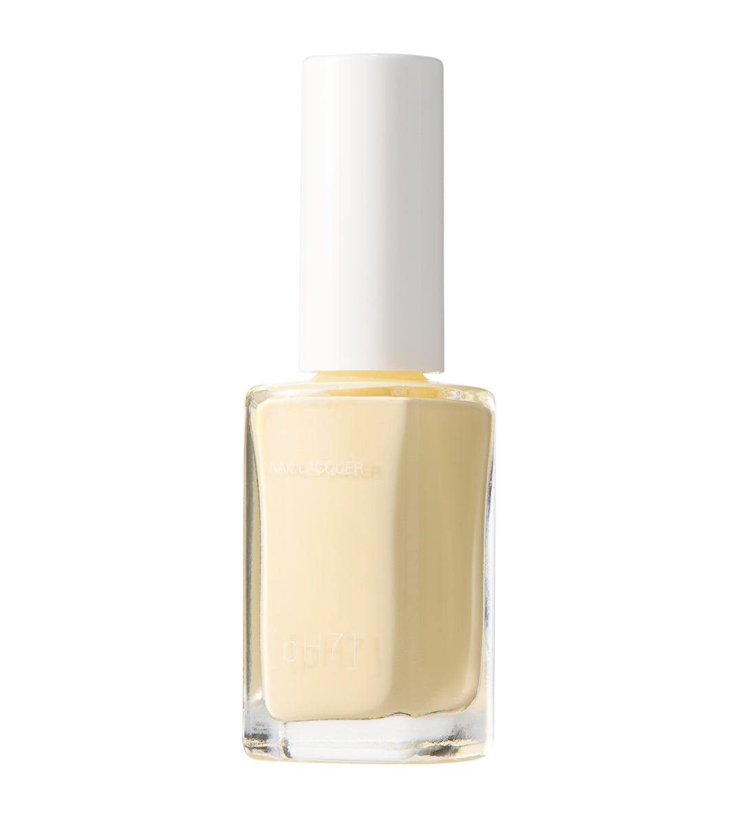 Clear nail polish bottle with creamy yellow nail polish on a white background