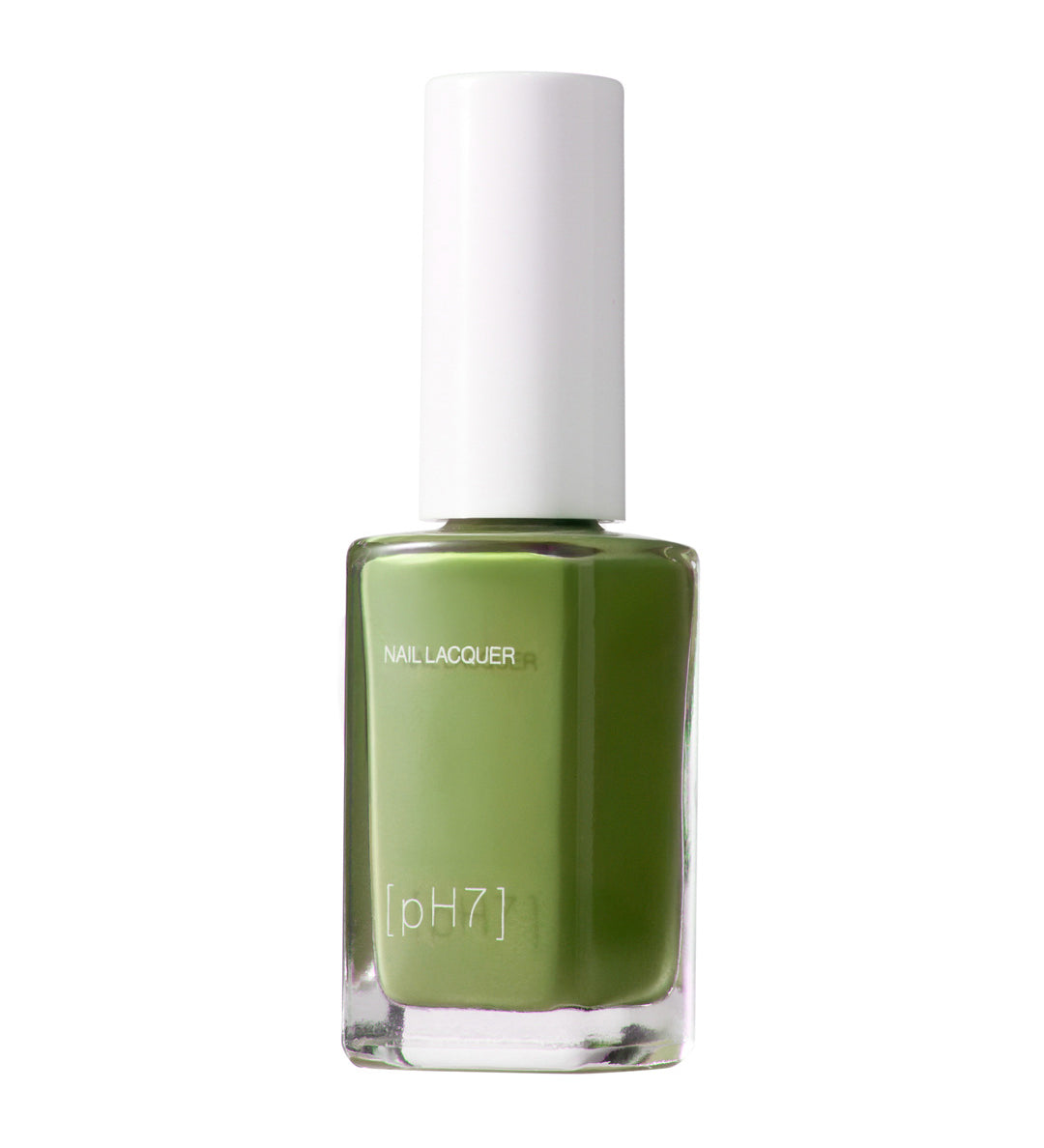 Green nail polish bottle with a white cap on a white background