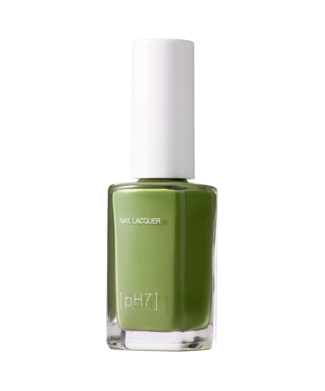 Green nail polish bottle with a white cap on a white background