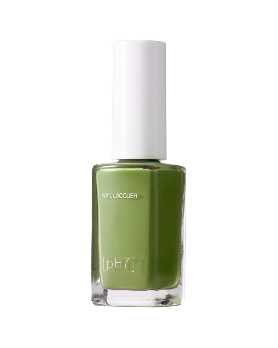Green nail polish bottle with a white cap on a white background