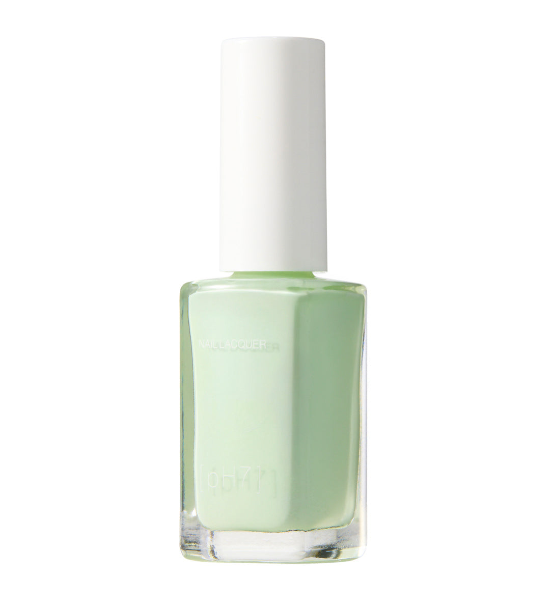 Light green nail polish bottle with white cap on a white background