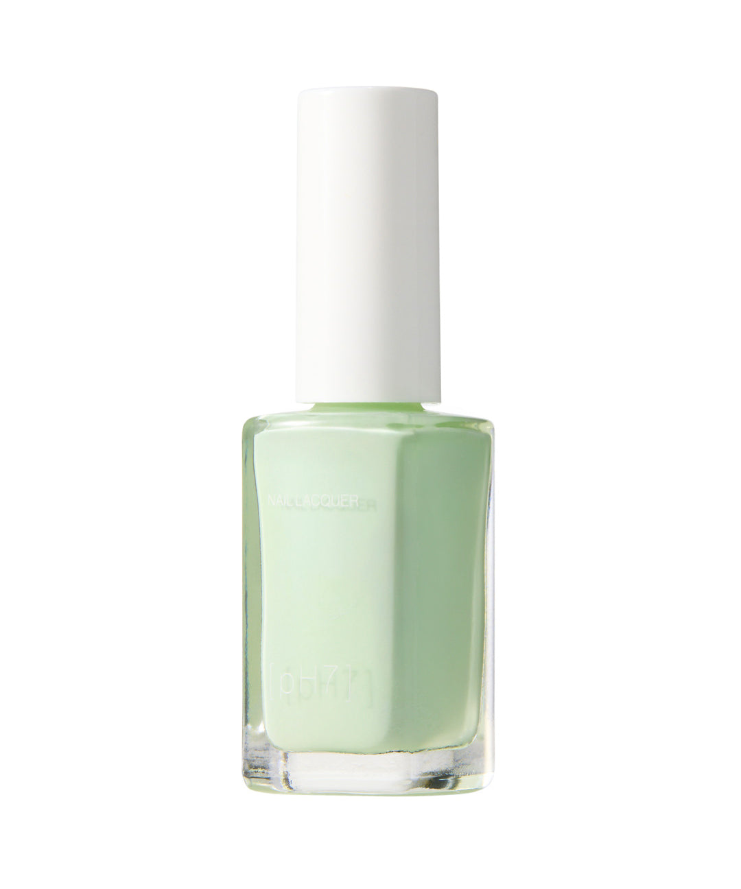 Light green nail polish bottle with white cap on a white background