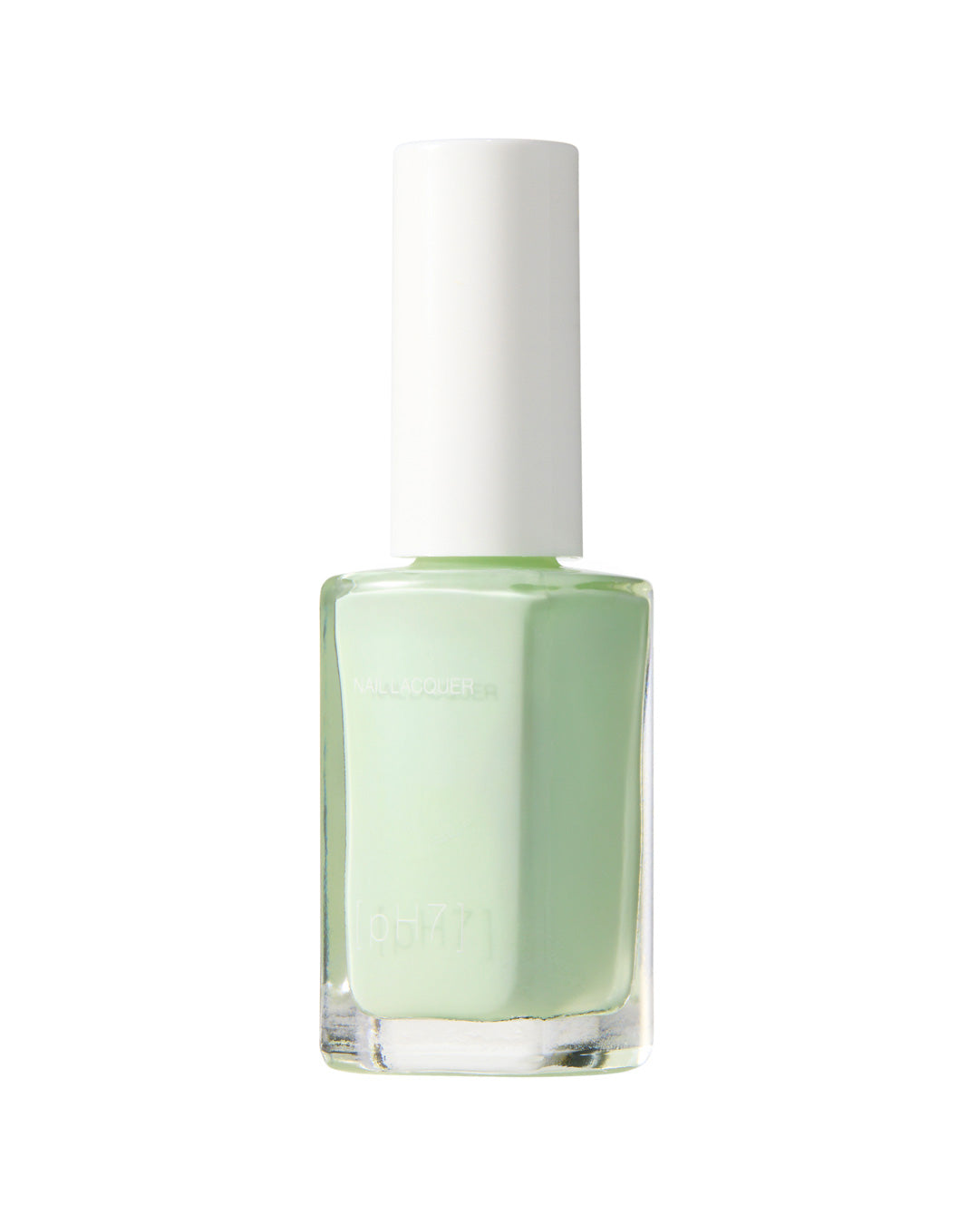 Light green nail polish bottle with white cap on a white background