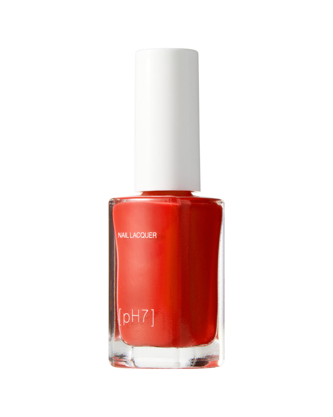 Red nail polish bottle with a white cap on a white background