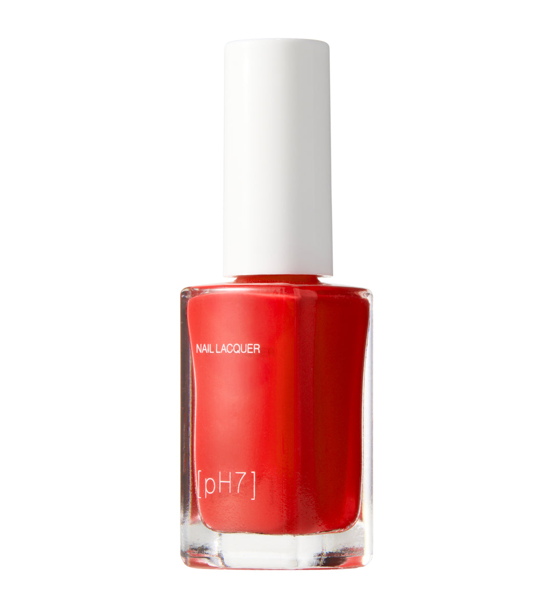 Red nail polish bottle with a white cap on a white background
