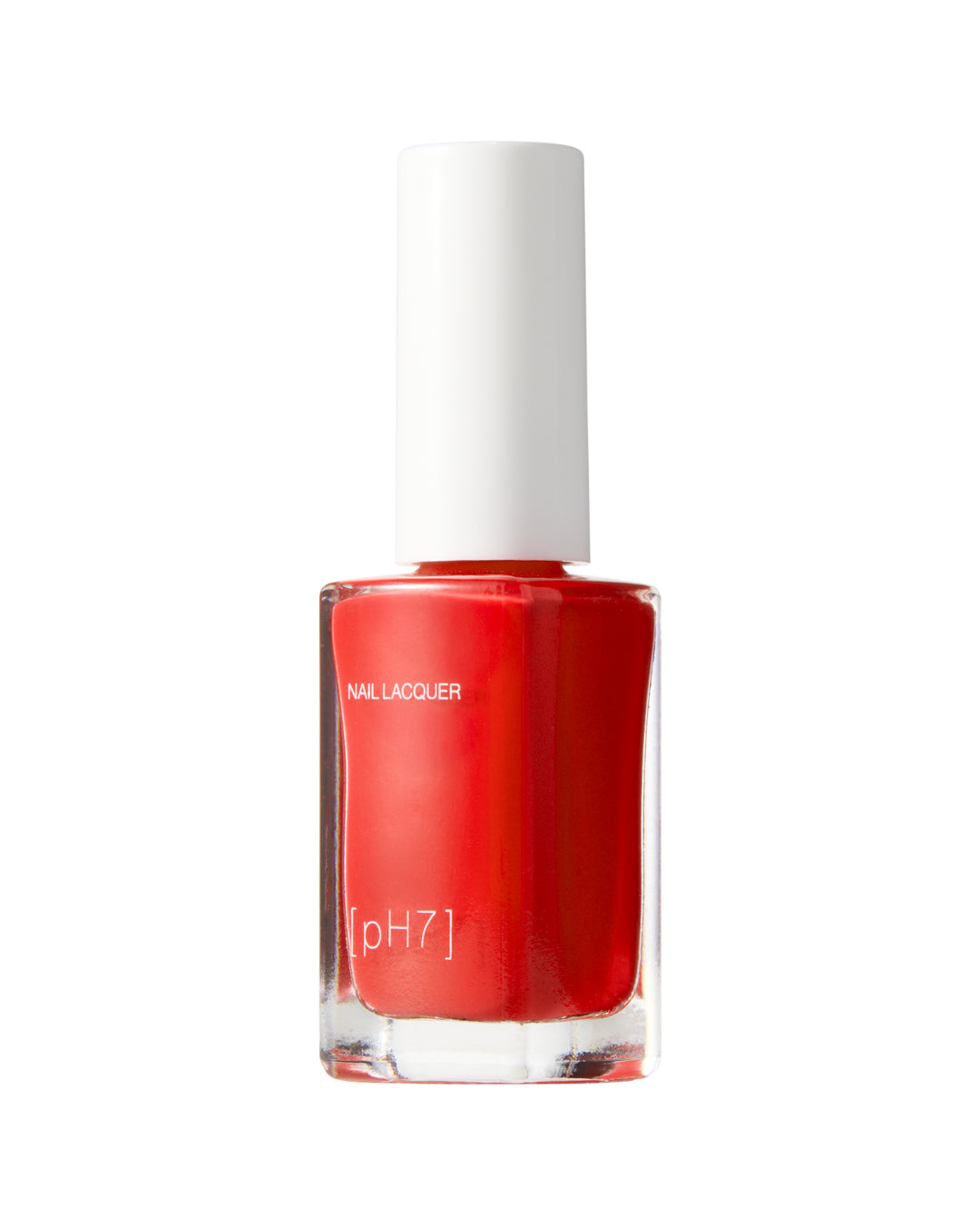 Red nail polish bottle with a white cap on a white background
