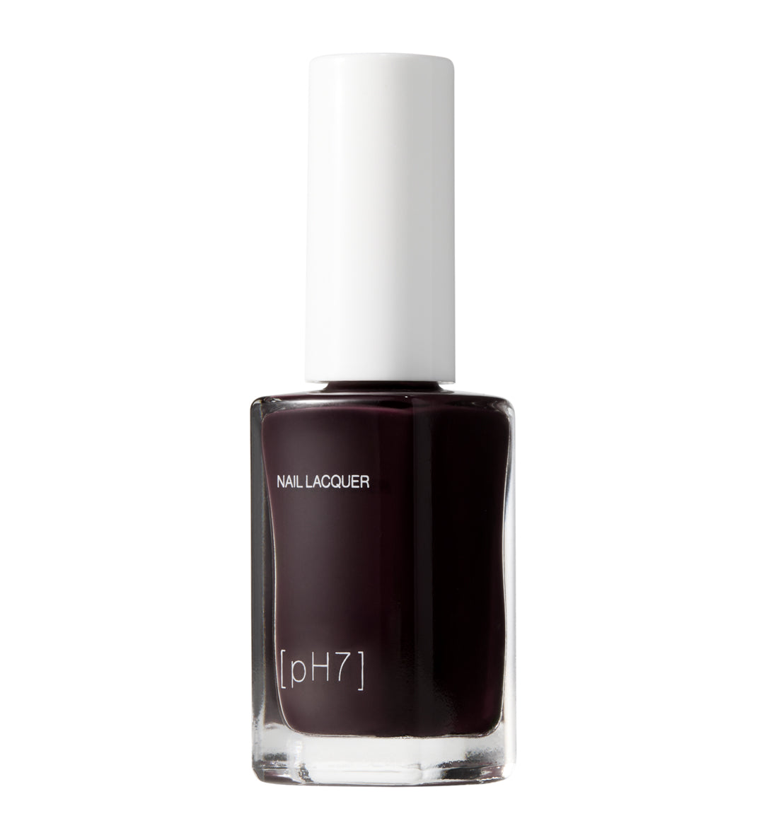Nail polish bottle with dark purple liquid on a white background