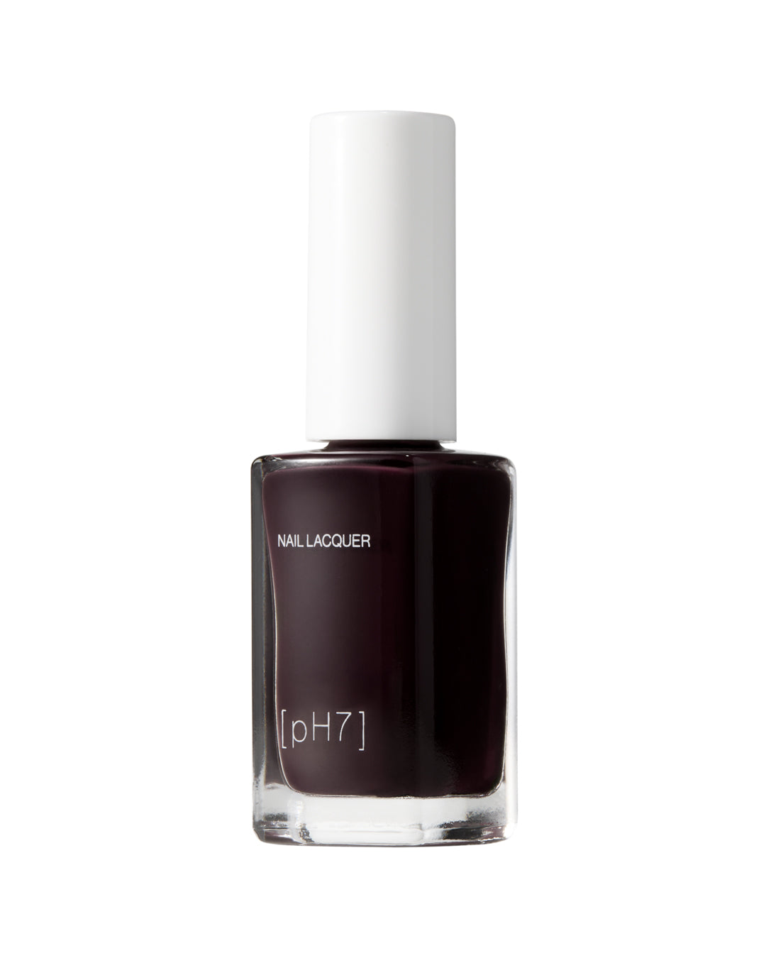 Nail polish bottle with dark purple liquid on a white background