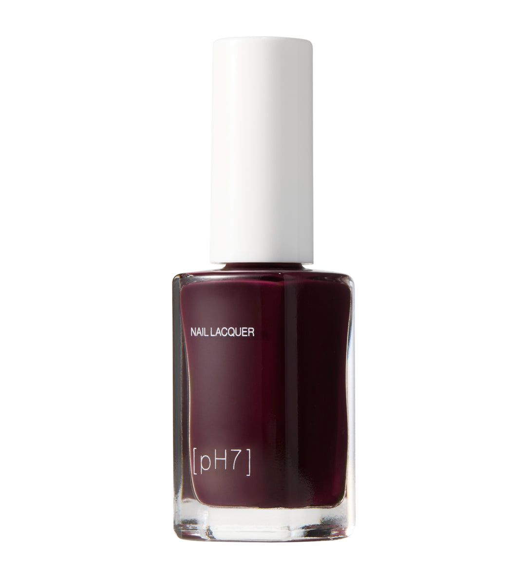 Bottle of dark purple nail lacquer with a white cap on a white background