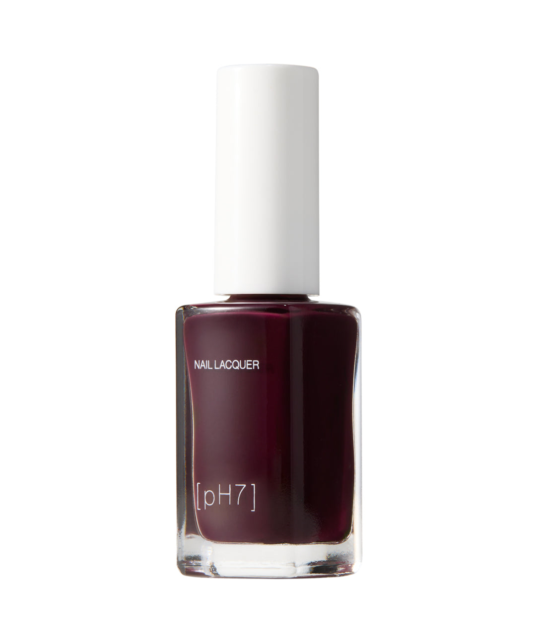 Bottle of dark purple nail lacquer with a white cap on a white background