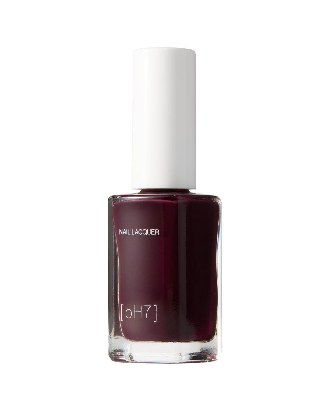 Bottle of dark purple nail lacquer with a white cap on a white background