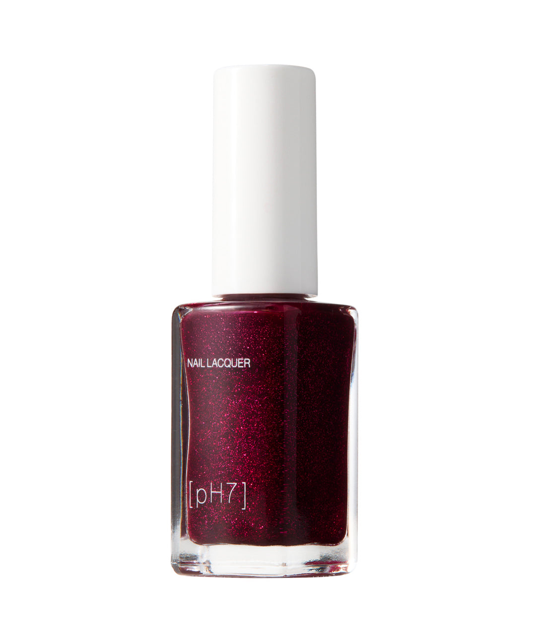 Bottle of dark red nail polish with a white cap on a white background