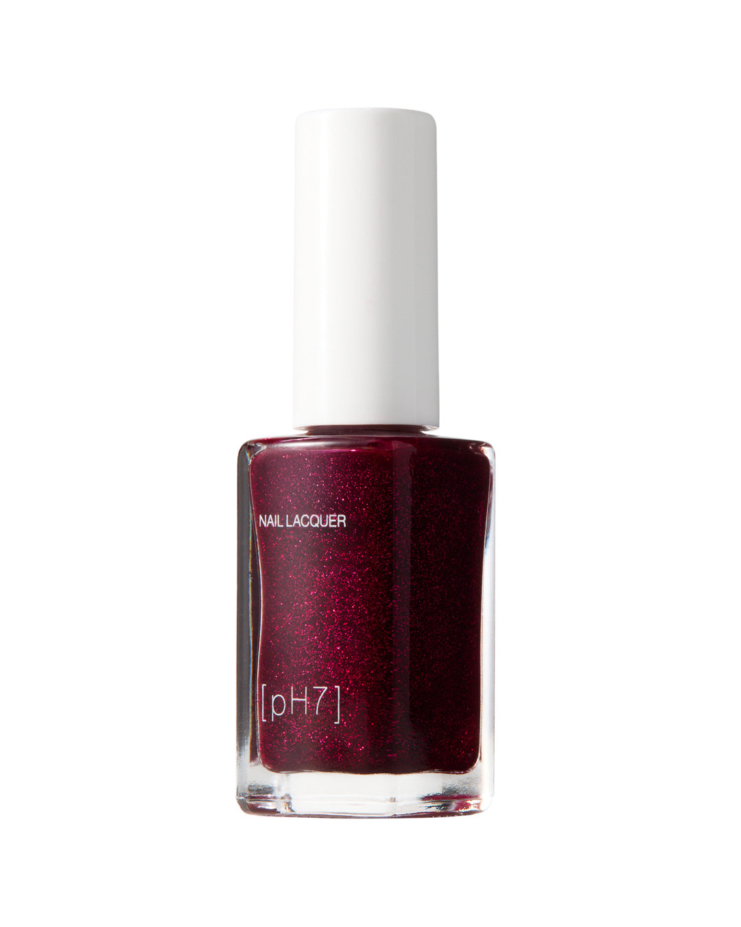 Bottle of dark red nail polish with a white cap on a white background