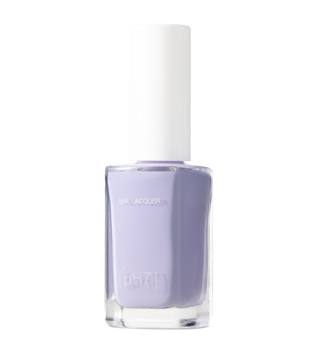 Lavender nail polish bottle with white cap on a white background