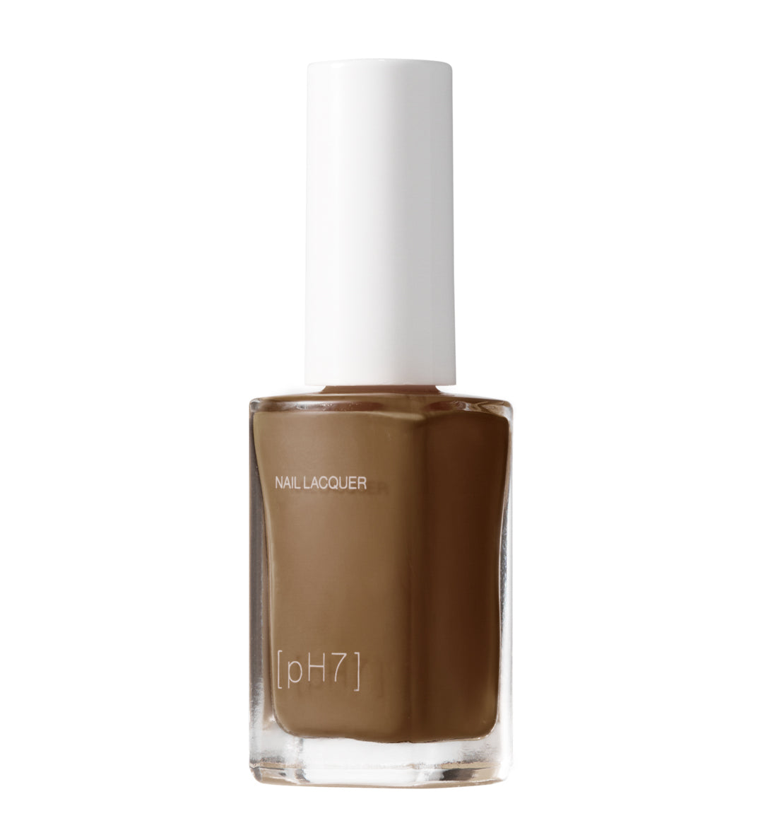 Brown nail polish bottle with a white cap on a white background