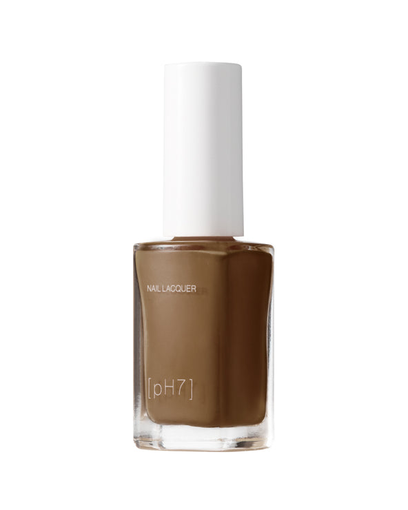 Brown nail polish bottle with a white cap on a white background