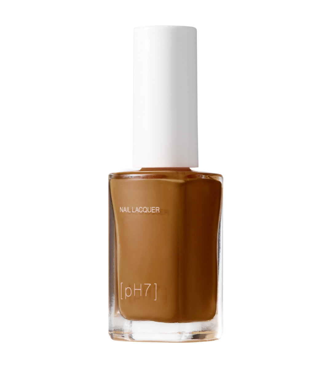 Brown nail polish bottle with a white cap on a white background