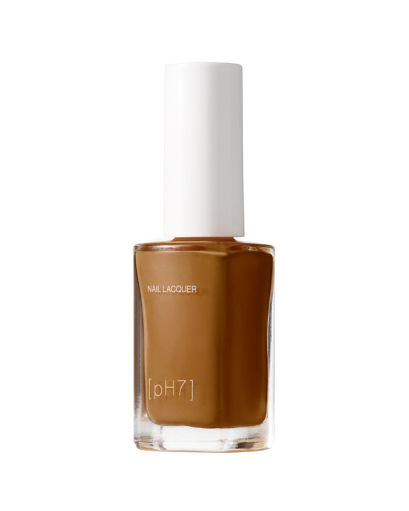 Brown nail polish bottle with a white cap on a white background