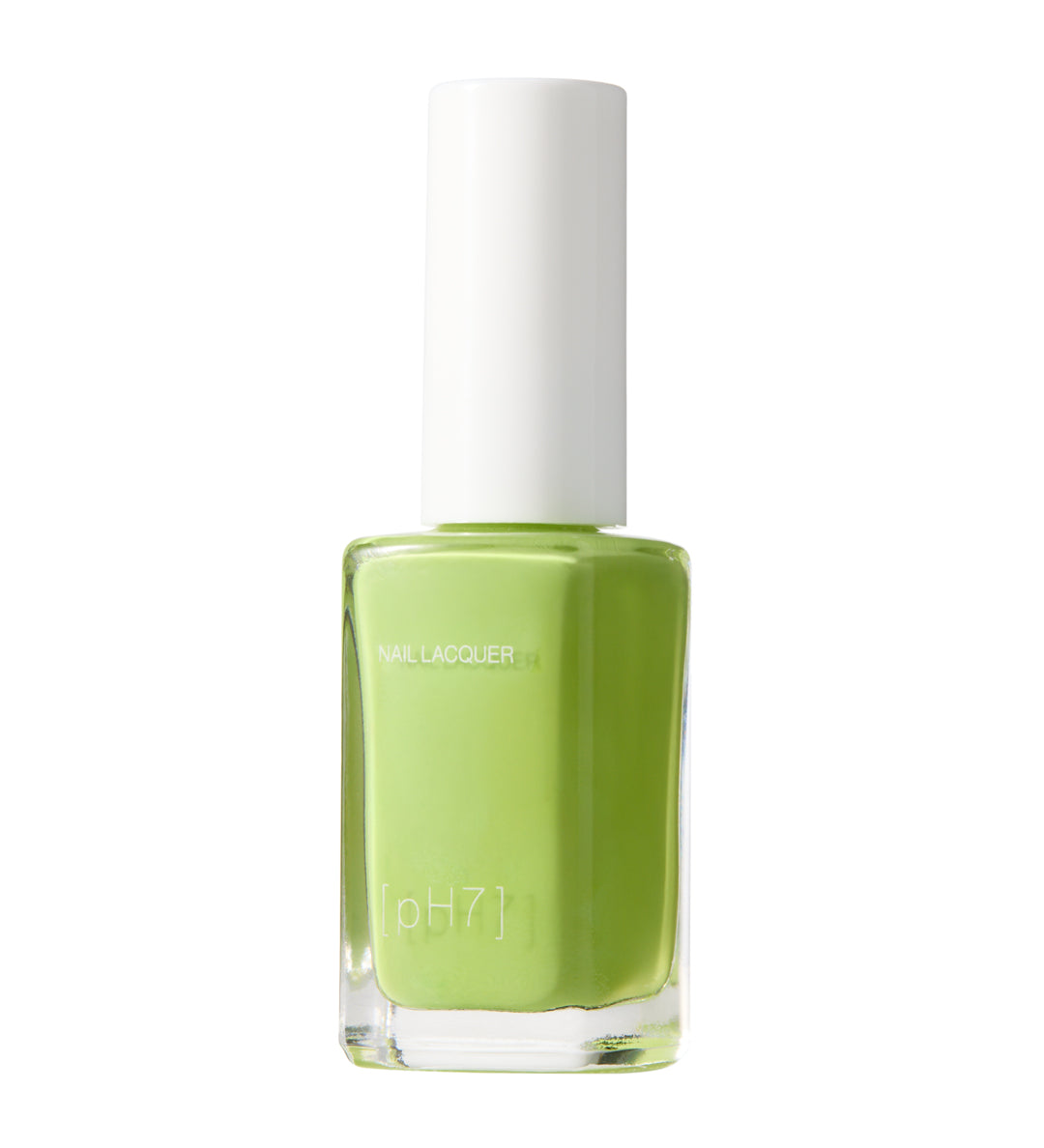 Green nail polish bottle with white cap on a white background